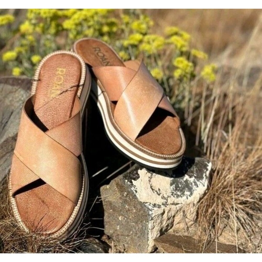 roan by bed stu sandals Size 7.5 Shout Pecan Brown Leather Criss-cross
